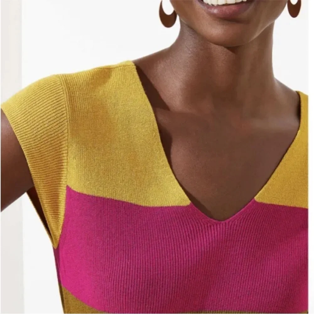 LOFT Ribbed Colorbock Capsleeved Sweater Top Size L